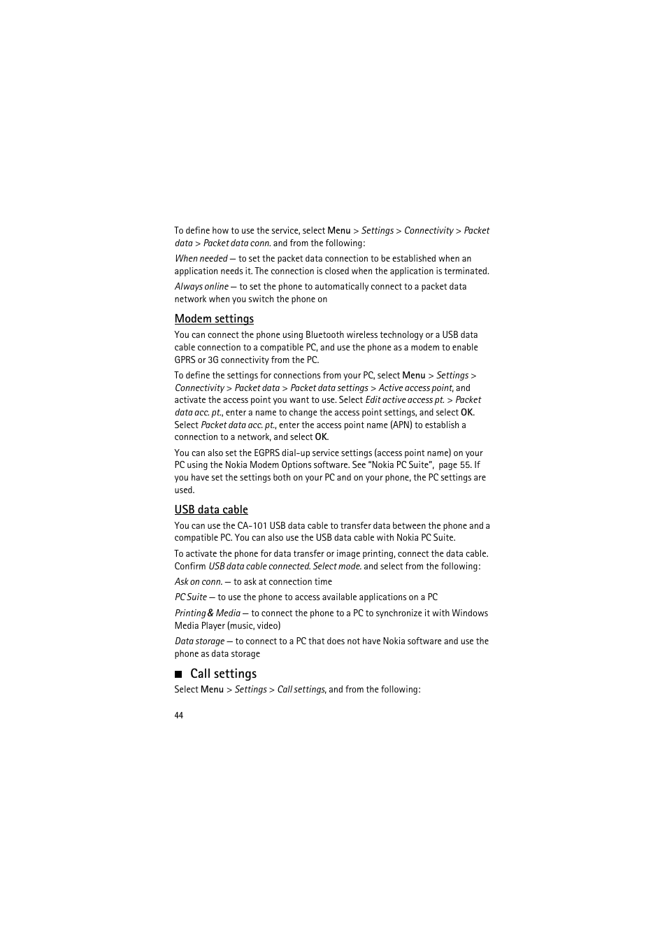 Modem settings, Usb data cable, Call | Call settings | Nokia 6350 User Manual | Page 44 / 64