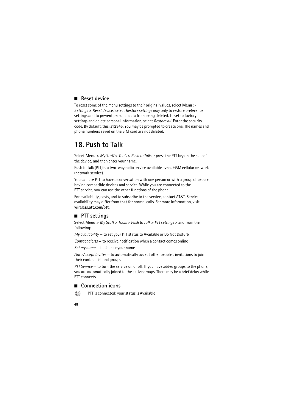 Reset device, Push to talk, Ptt settings | Connection icons, Ptt settings connection icons | Nokia 6350 User Manual | Page 48 / 64