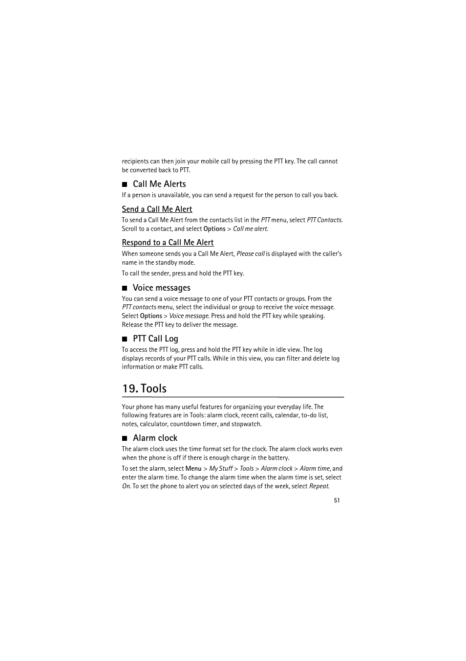 Call me alerts, Send a call me alert, Respond to a call me alert | Voice messages, Ptt call log, Tools, Alarm clock, Call me alerts voice messages ptt call log | Nokia 6350 User Manual | Page 51 / 64