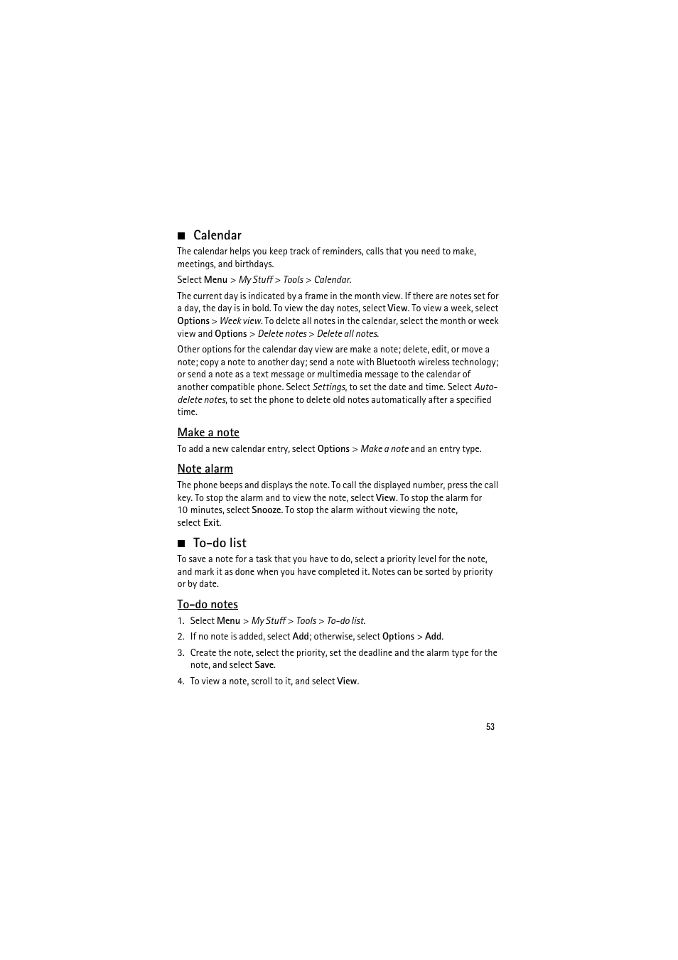 Calendar, Make a note, Note alarm | To-do list, To-do notes, Calendar to-do list | Nokia 6350 User Manual | Page 53 / 64