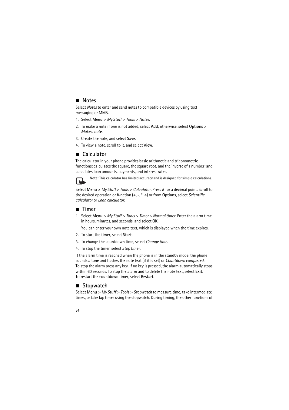 Notes, Calculator, Timer | Stopwatch, Notes calculator timer stopwatch | Nokia 6350 User Manual | Page 54 / 64