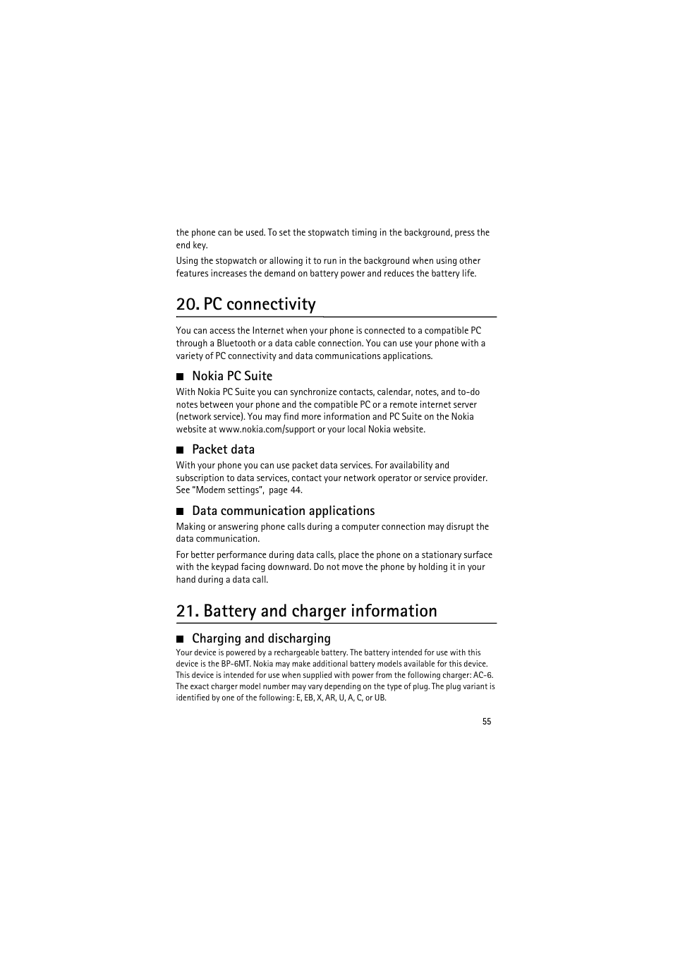 Pc connectivity, Nokia pc suite, Packet data | Data communication applications, Battery and charger information, Charging and discharging | Nokia 6350 User Manual | Page 55 / 64