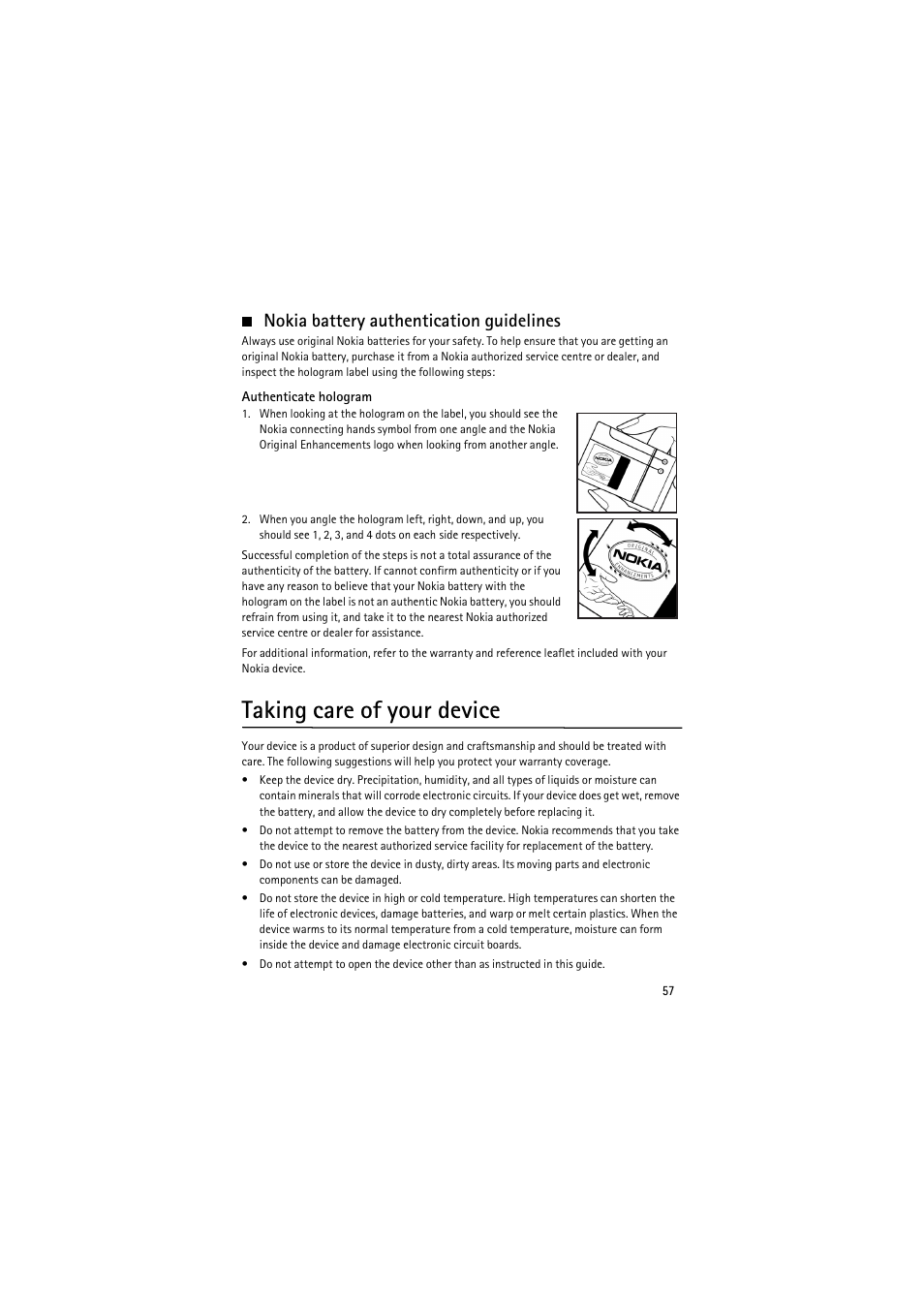 Nokia battery authentication guidelines, Taking care of your device | Nokia 6350 User Manual | Page 57 / 64