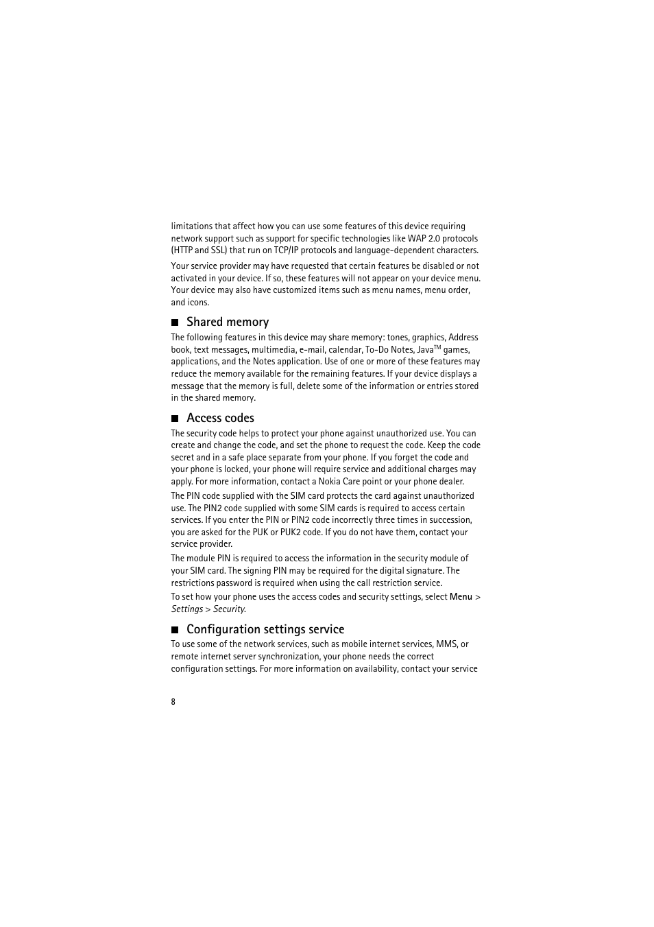 Shared memory, Access codes, Configuration settings service | Nokia 6350 User Manual | Page 8 / 64