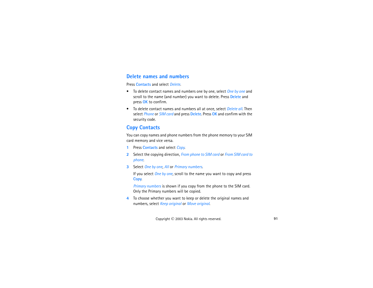 Delete names and numbers, Copy contacts, 1 press contacts and select copy | 3 select one by one, all or primary numbers, Delete names and numbers copy contacts | Nokia 3300 User Manual | Page 106 / 252