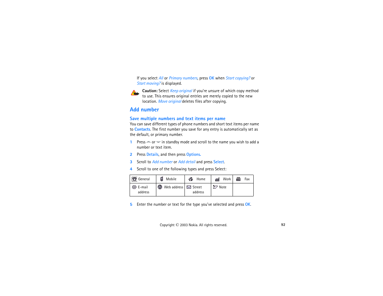 Add number, Save multiple numbers and text items per name, 2 press details, and then press options | Nokia 3300 User Manual | Page 107 / 252