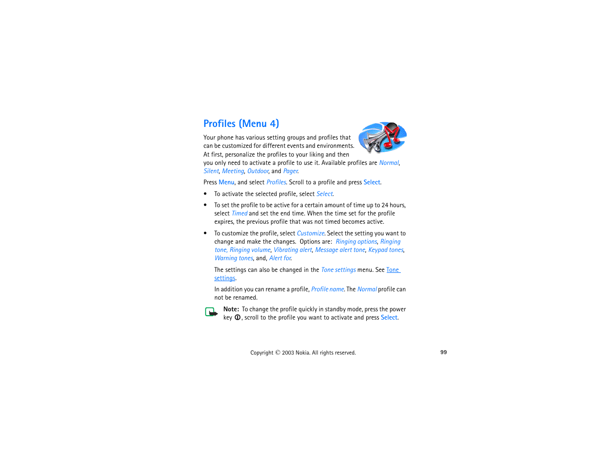 Profiles (menu 4) | Nokia 3300 User Manual | Page 114 / 252