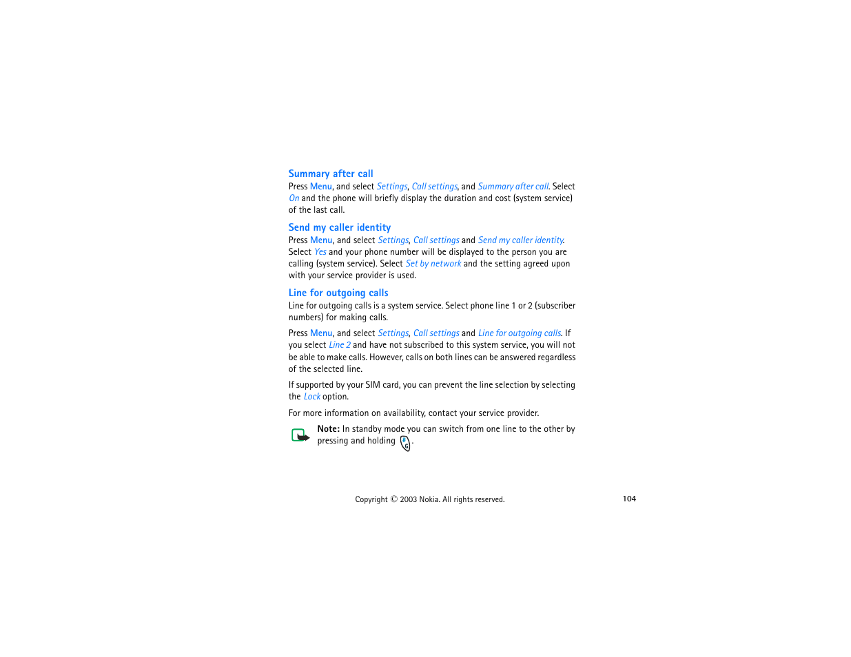 Summary after call, Send my caller identity, Line for outgoing calls | Summary after call send my caller identity, Phone line. see | Nokia 3300 User Manual | Page 119 / 252