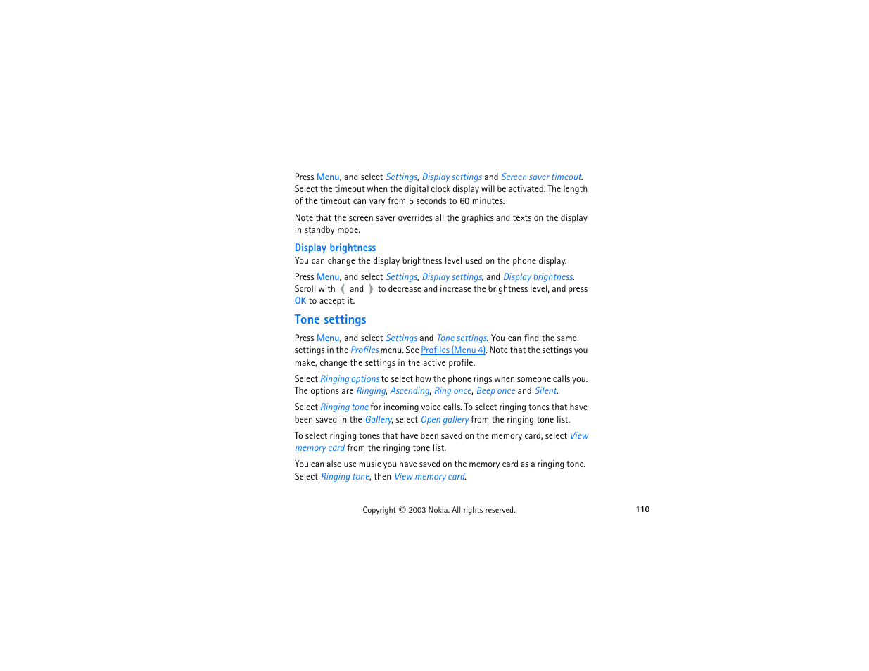 Display brightness, Tone settings, Tone | Settings | Nokia 3300 User Manual | Page 125 / 252