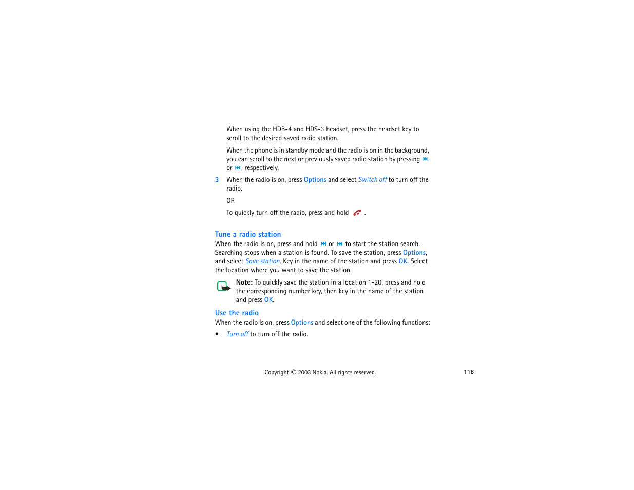 Tune a radio station, Use the radio, Tune a radio station use the radio | Nokia 3300 User Manual | Page 133 / 252