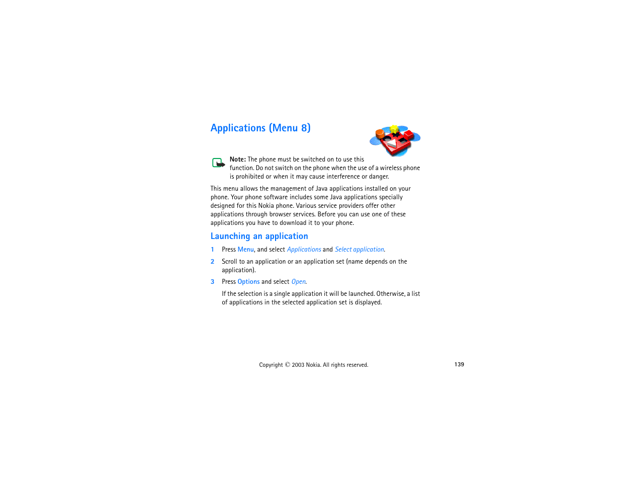 Applications (menu 8), Launching an application, 3 press options and select open | Applications, Menu 8) | Nokia 3300 User Manual | Page 154 / 252
