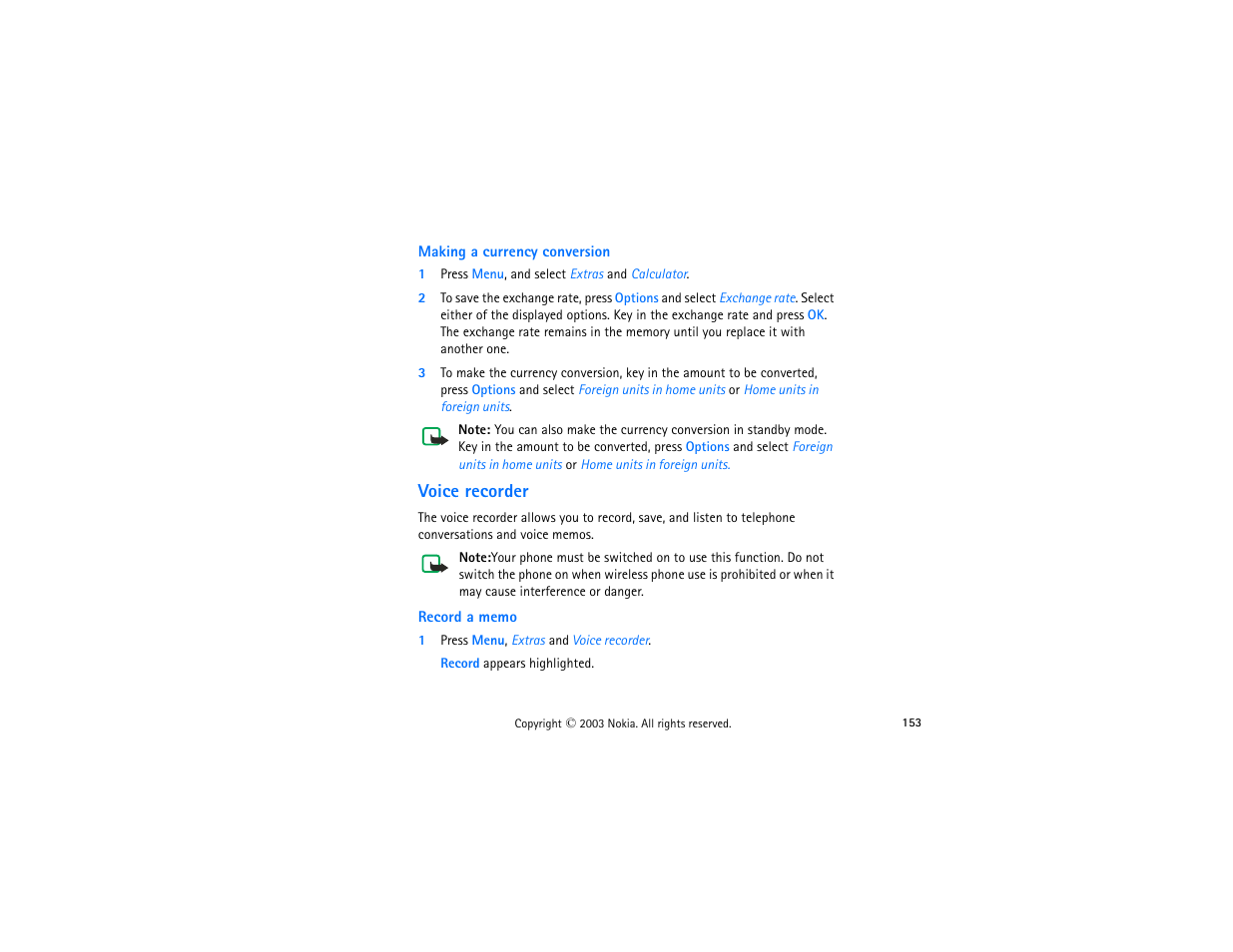 Making a currency conversion, 1 press menu, and select extras and calculator, Voice recorder | Record a memo, 1 press menu, extras and voice recorder | Nokia 3300 User Manual | Page 168 / 252