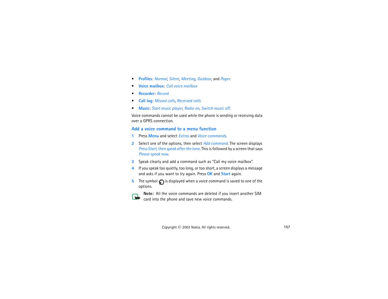 Add a voice command to a menu function, 1 press menu and select extras and voice commands | Nokia 3300 User Manual | Page 172 / 252