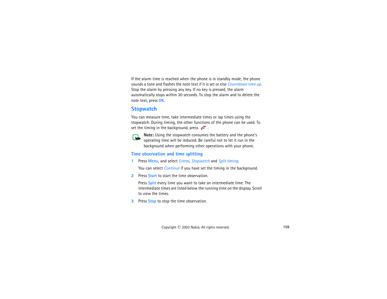 Stopwatch, Time observation and time splitting, 2 press start to start the time observation | 3 press stop to stop the time observation | Nokia 3300 User Manual | Page 174 / 252