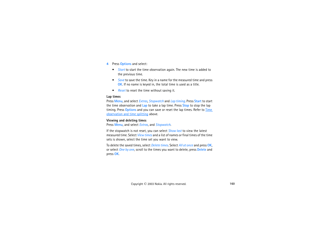 4 press options and select, Lap times, Viewing and deleting times | Nokia 3300 User Manual | Page 175 / 252