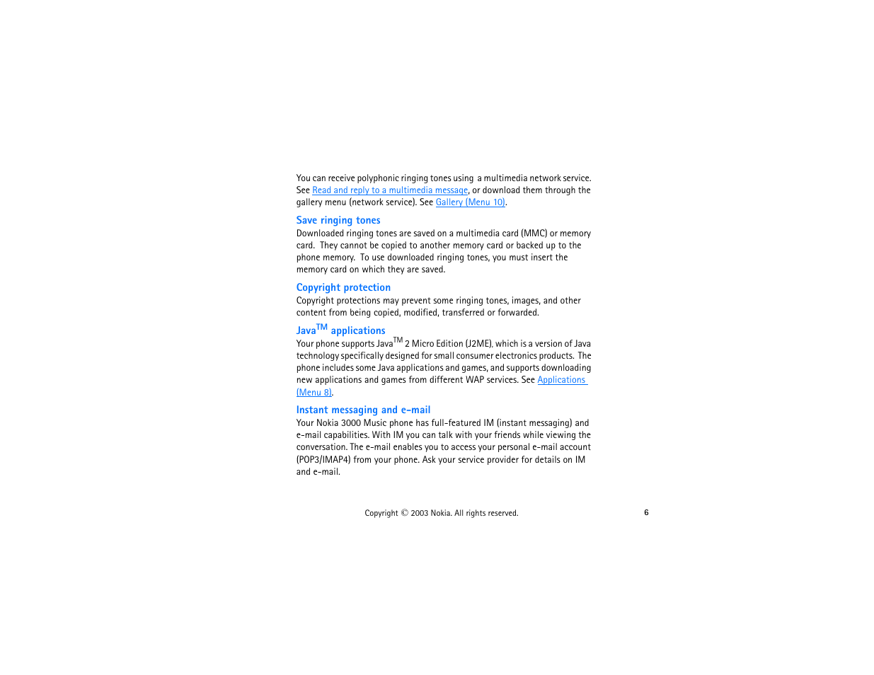 Save ringing tones, Copyright protection, Javatm applications | Instant messaging and e-mail, Save ringing tones copyright protection java | Nokia 3300 User Manual | Page 21 / 252