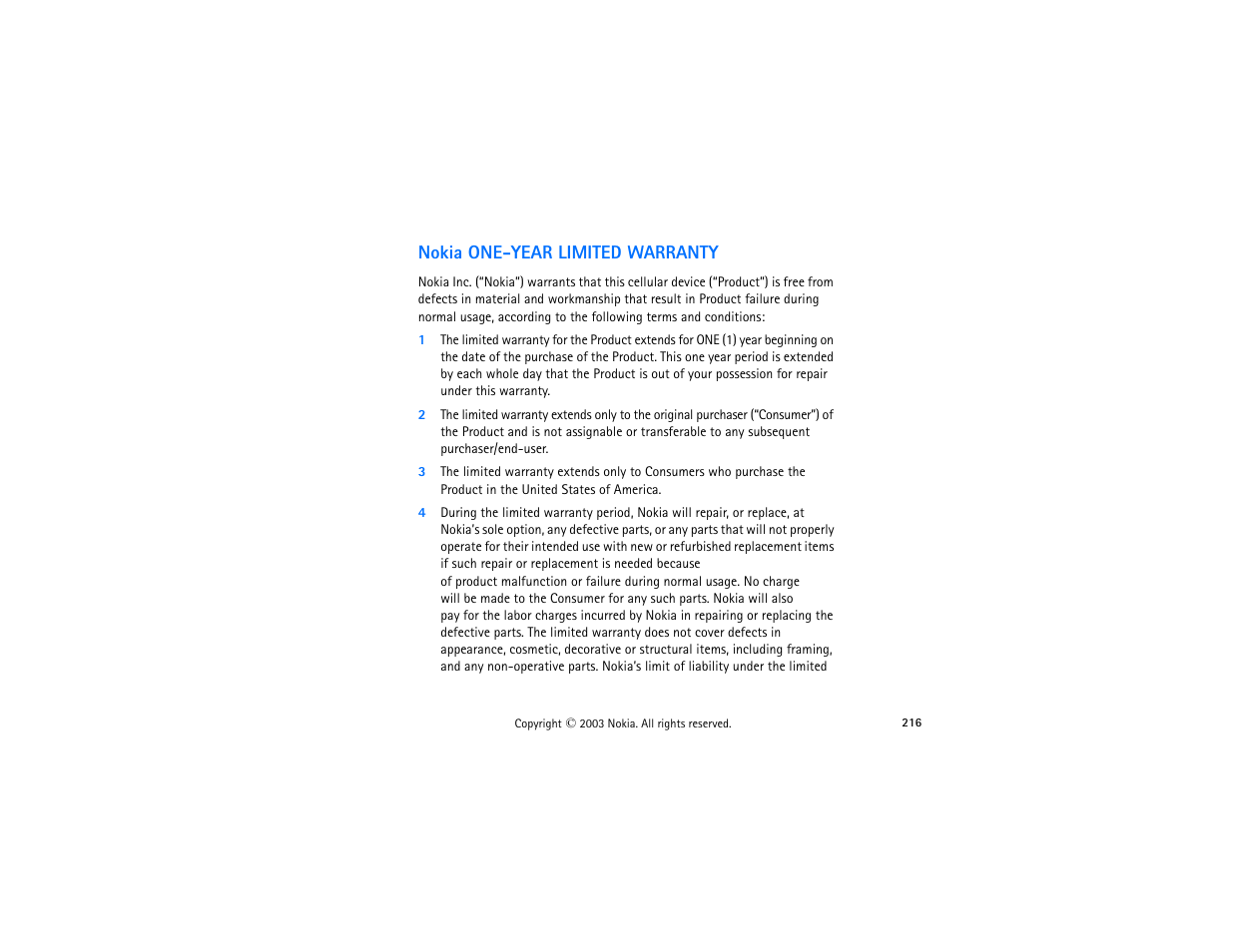 Nokia one-year limited warranty | Nokia 3300 User Manual | Page 231 / 252