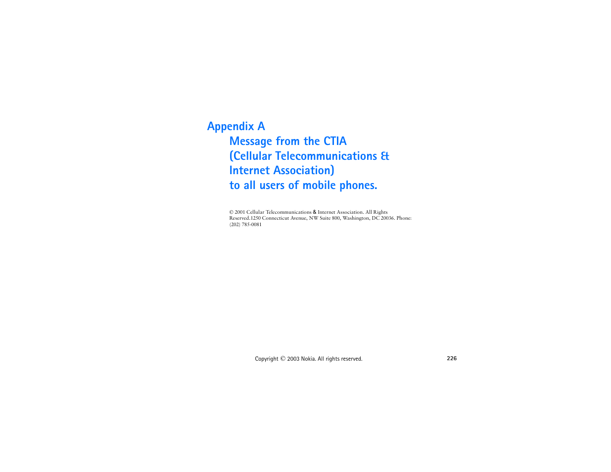 Appendix a message from the ctia | Nokia 3300 User Manual | Page 241 / 252