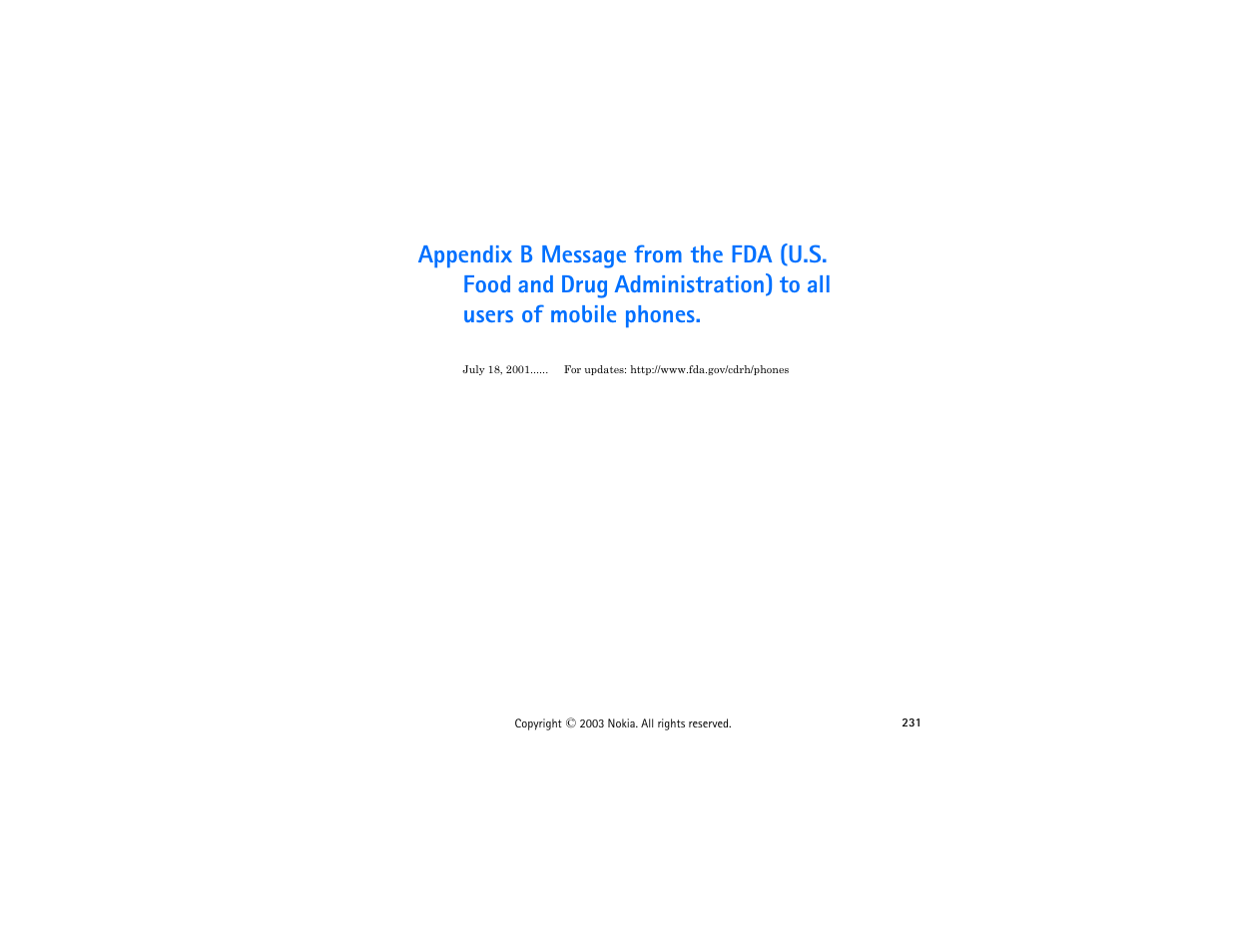 Appendix b message from the fda | Nokia 3300 User Manual | Page 245 / 252