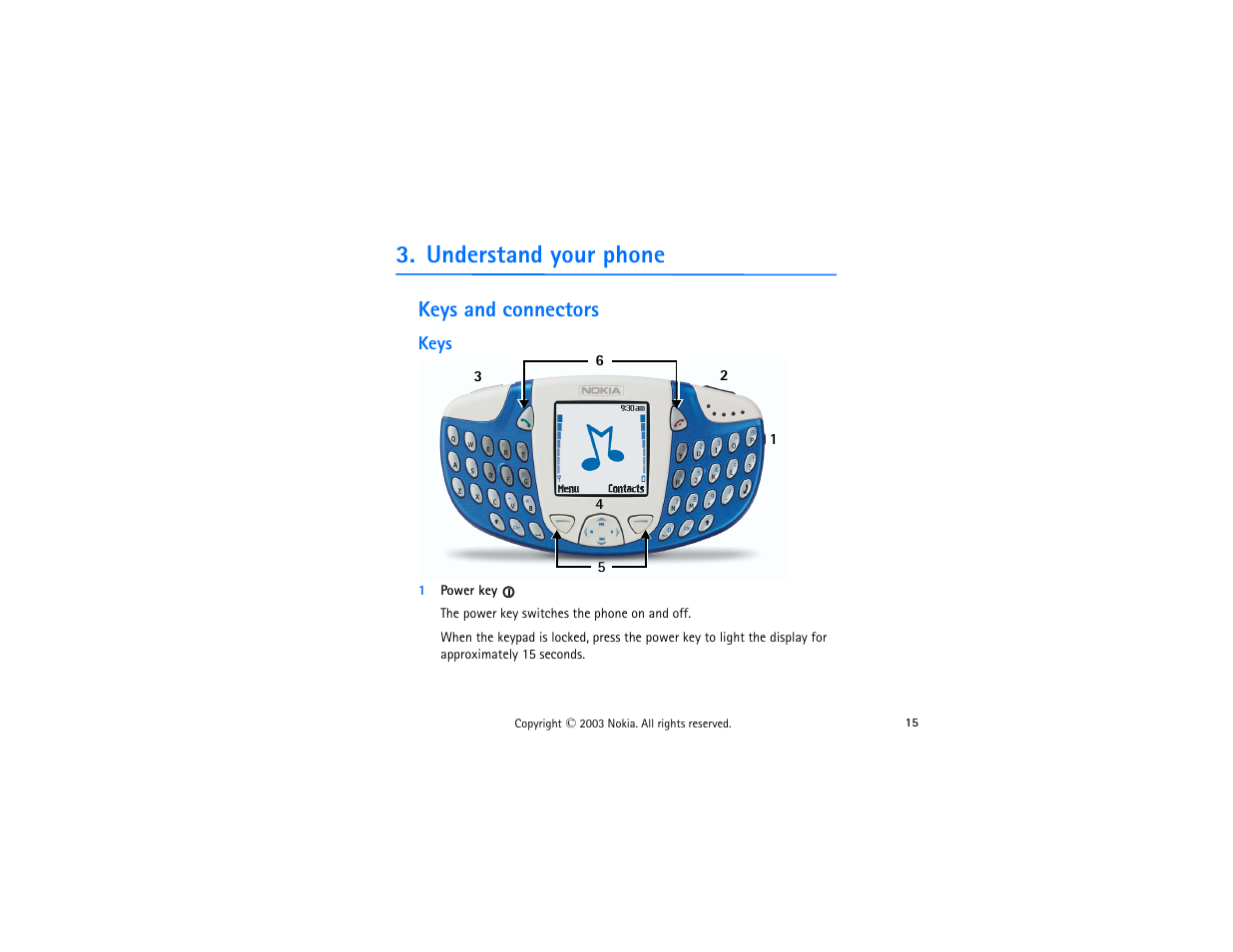 Keys and connectors, Keys, 1 power key | Understand your phone | Nokia 3300 User Manual | Page 30 / 252