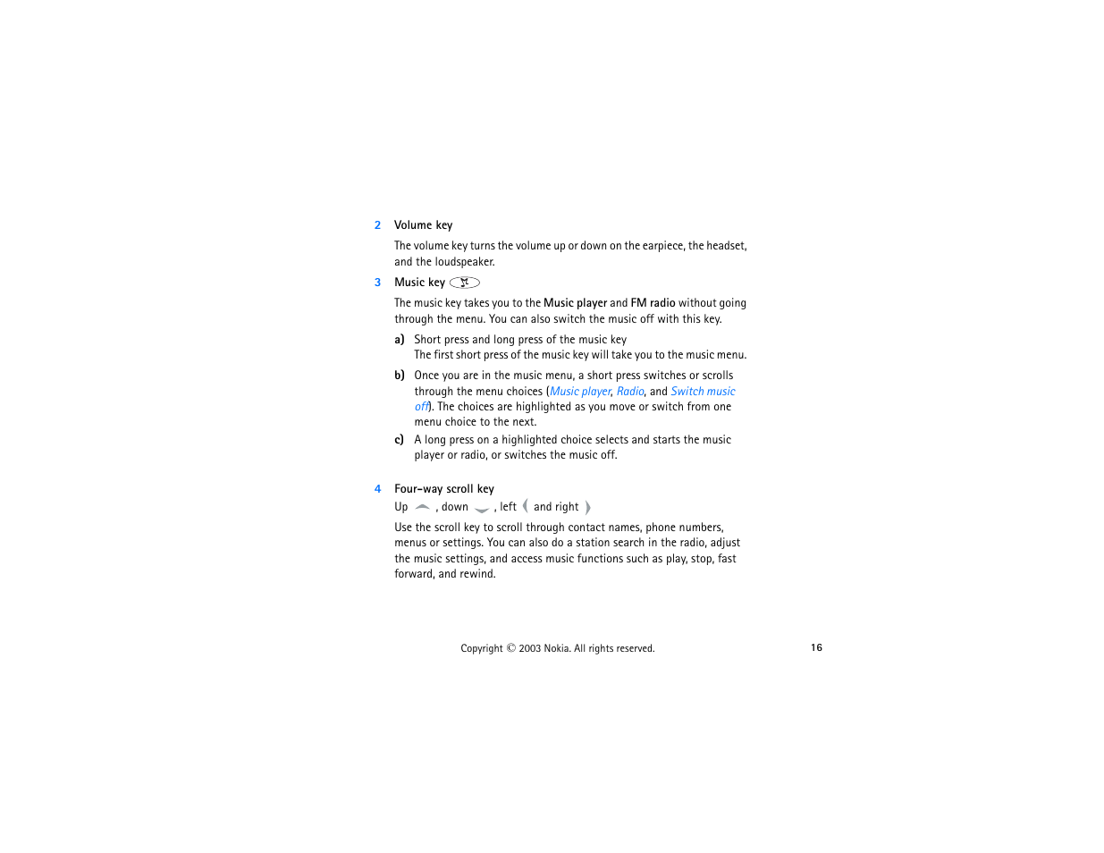 2 volume key, 3 music key, 4 four-way scroll key | Nokia 3300 User Manual | Page 31 / 252