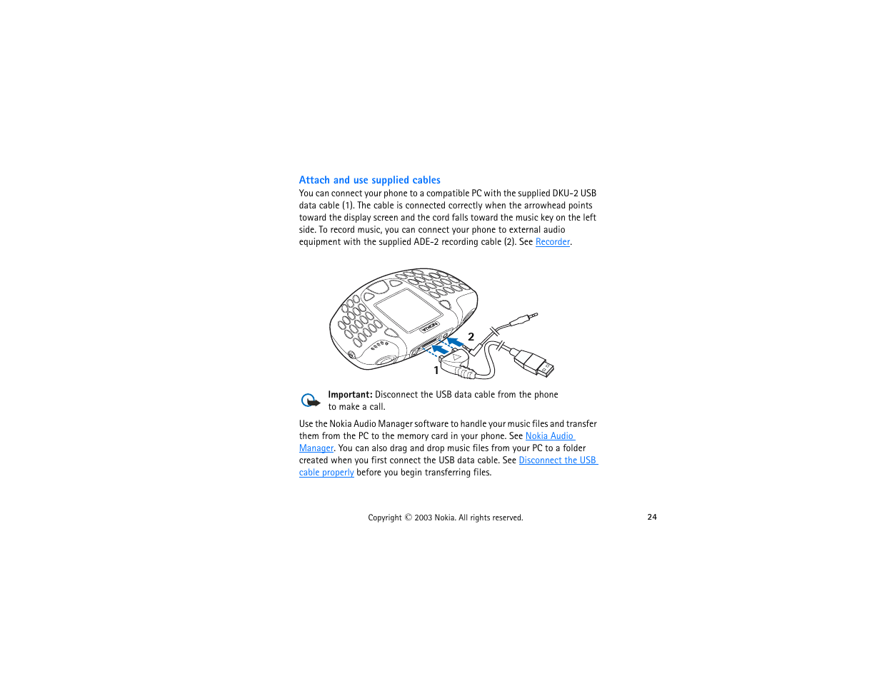 Attach and use supplied cables | Nokia 3300 User Manual | Page 39 / 252