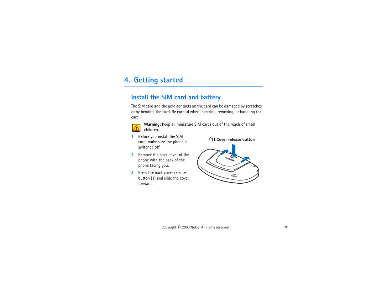 Install the sim card and battery, Getting started | Nokia 3300 User Manual | Page 41 / 252