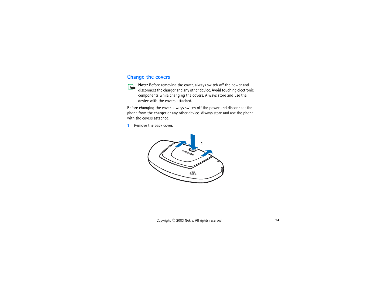 Change the covers, 1 remove the back cover | Nokia 3300 User Manual | Page 49 / 252