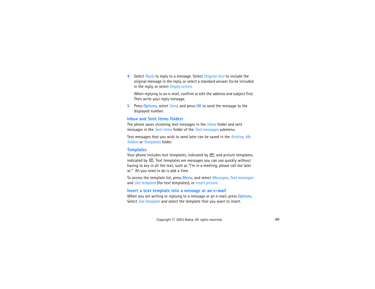 Inbox and sent items folders, Templates, Insert a text template into a message or an e-mail | Nokia 3300 User Manual | Page 75 / 252