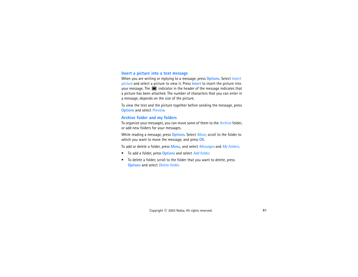 Insert a picture into a text message, Archive folder and my folders | Nokia 3300 User Manual | Page 76 / 252