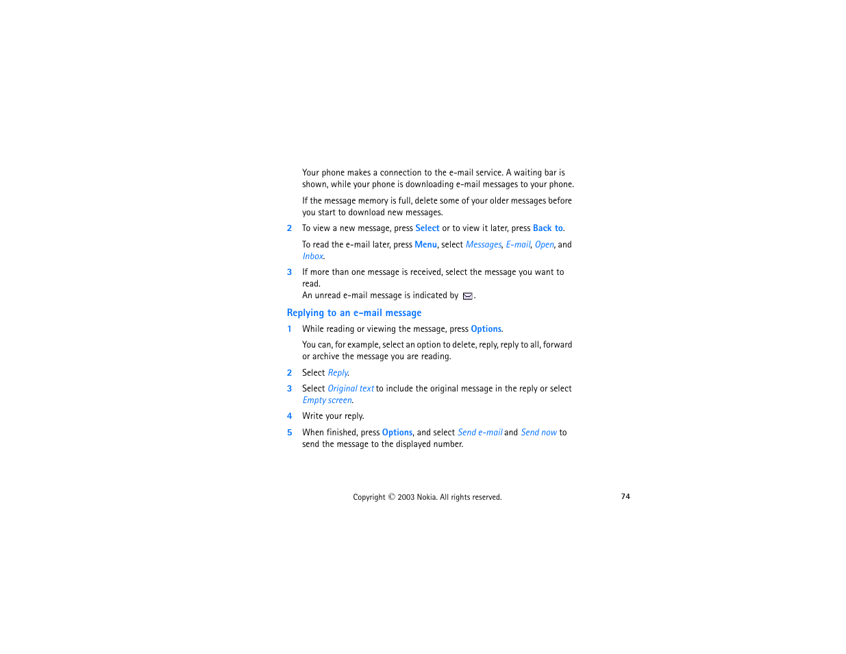 Replying to an e-mail message, 2 select reply, 4 write your reply | Nokia 3300 User Manual | Page 89 / 252