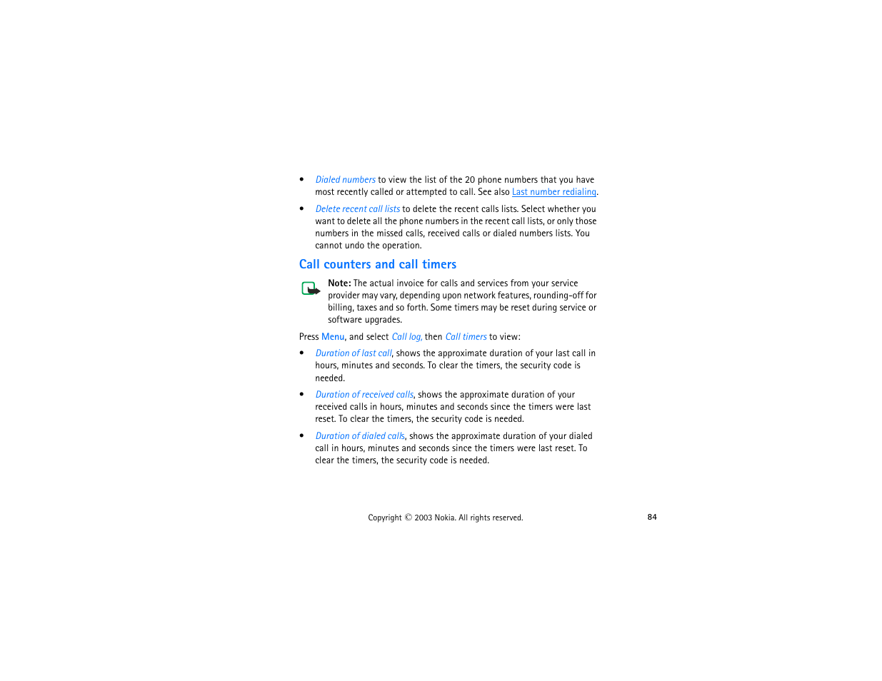 Call counters and call timers | Nokia 3300 User Manual | Page 99 / 252