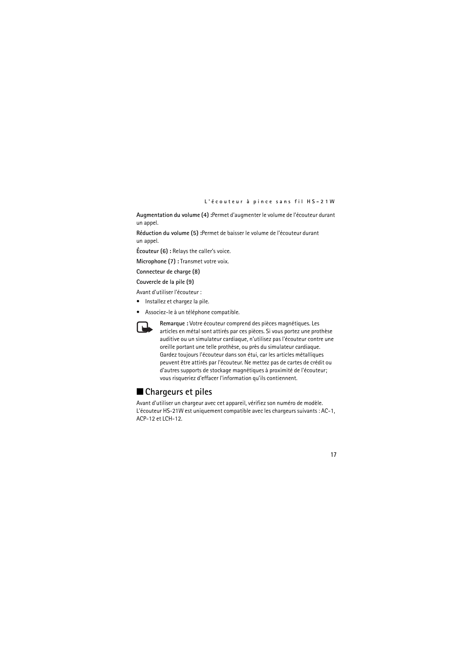 Chargeurs et piles | Nokia Wireless Clip-on Headset HS-21W User Manual | Page 109 / 124