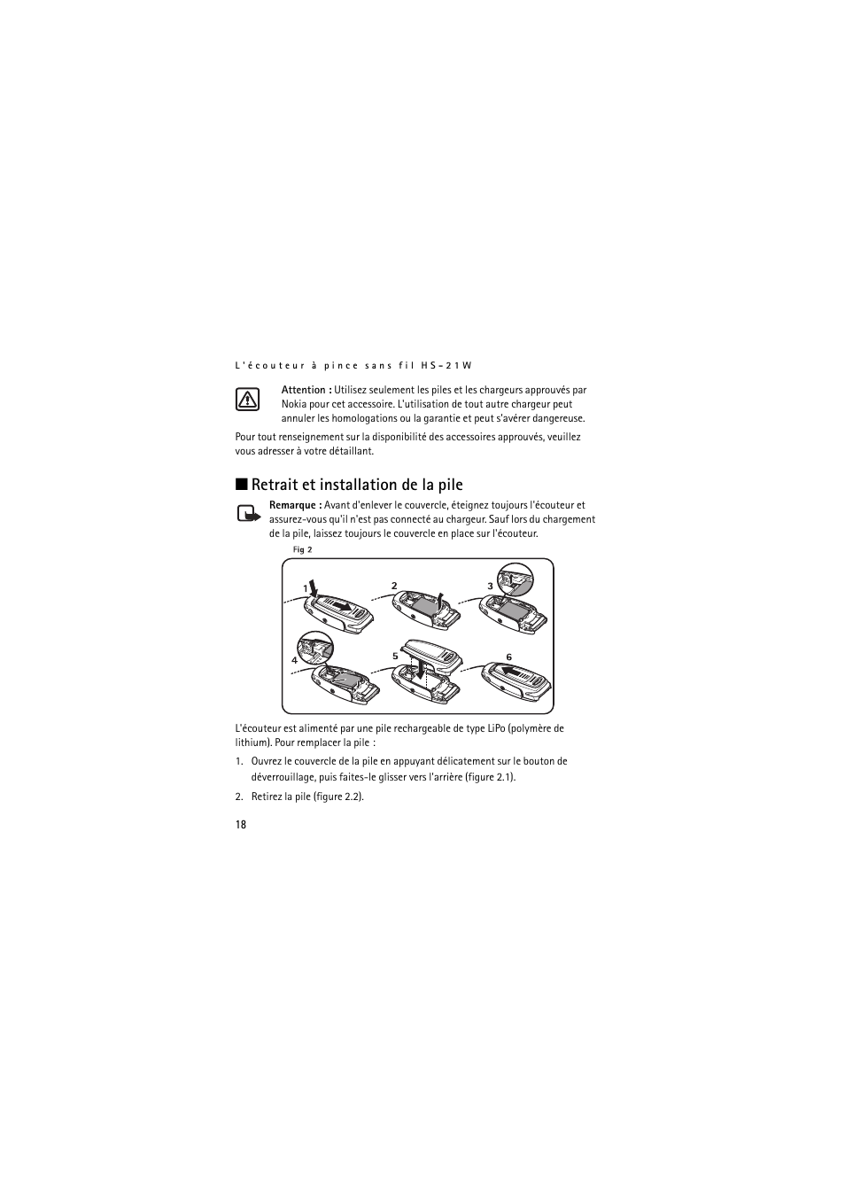 Retrait et installation de la pile | Nokia Wireless Clip-on Headset HS-21W User Manual | Page 110 / 124