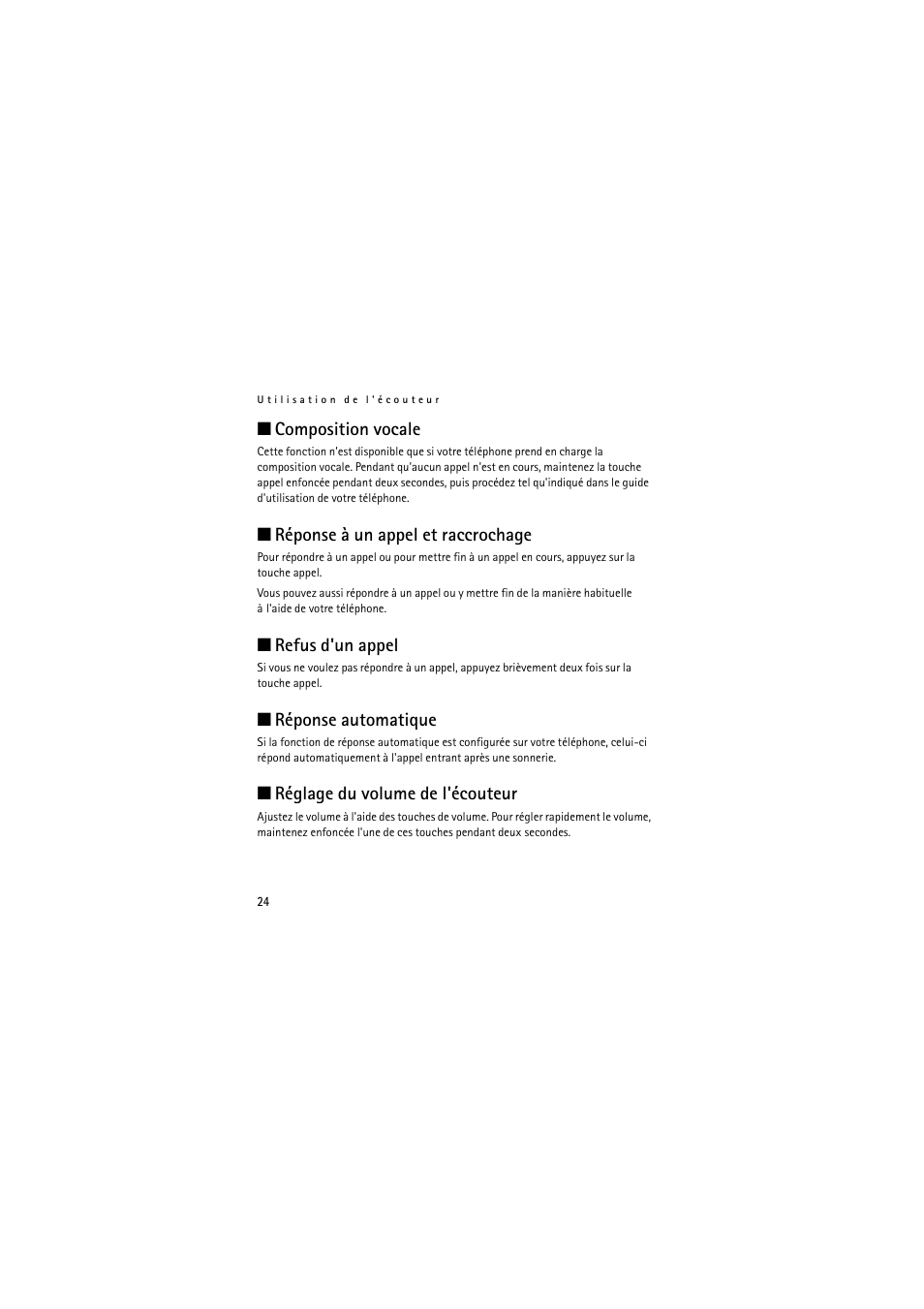 Composition vocale, Réponse à un appel et raccrochage, Refus d'un appel | Réponse automatique, Réglage du volume de l'écouteur | Nokia Wireless Clip-on Headset HS-21W User Manual | Page 116 / 124