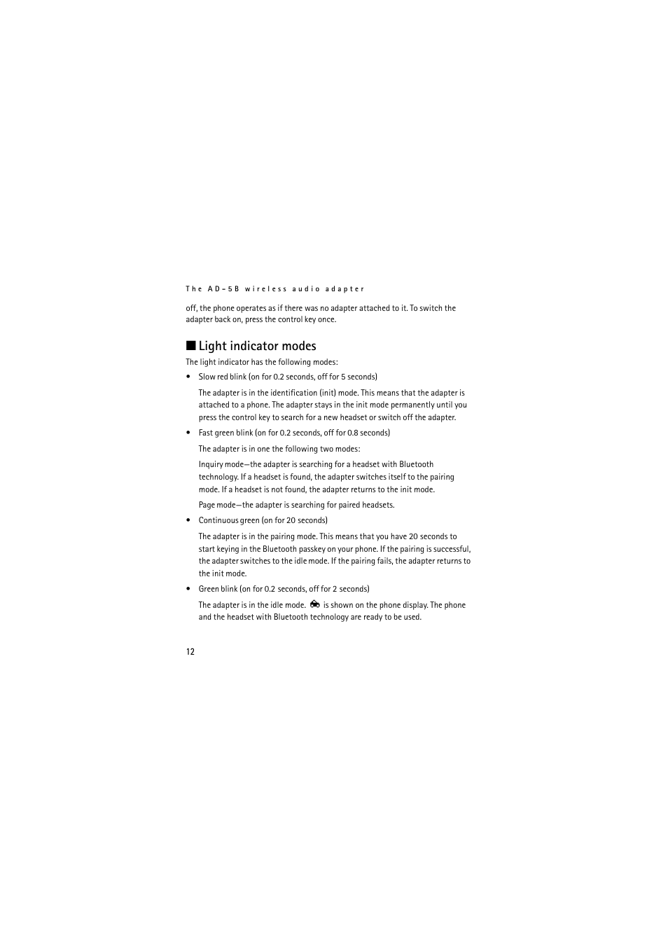 Light indicator modes | Nokia Wireless Clip-on Headset HS-21W User Manual | Page 12 / 124