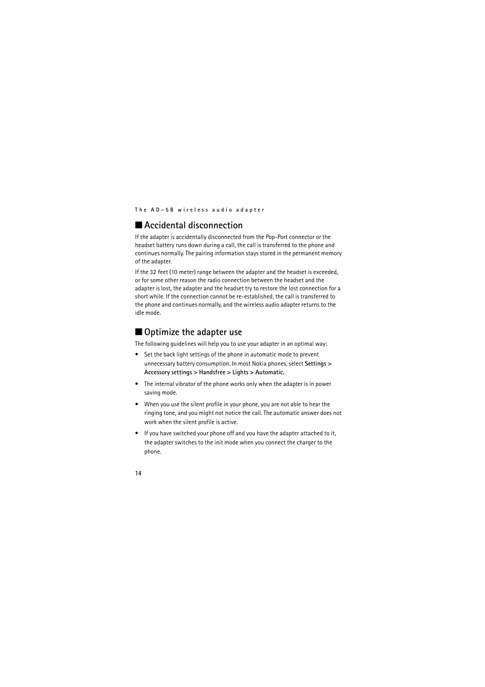 Accidental disconnection optimize the adapter use, Accidental disconnection, Optimize the adapter use | Nokia Wireless Clip-on Headset HS-21W User Manual | Page 14 / 124