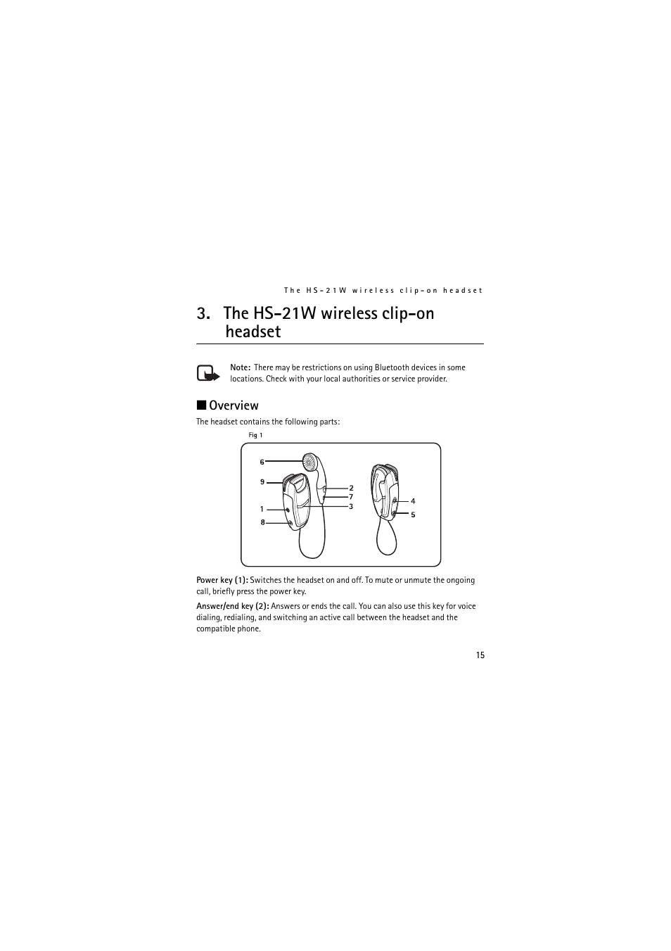 The hs-21w wireless clipon headset, The hs-21w wireless clip-on headset, Overview | Nokia Wireless Clip-on Headset HS-21W User Manual | Page 15 / 124