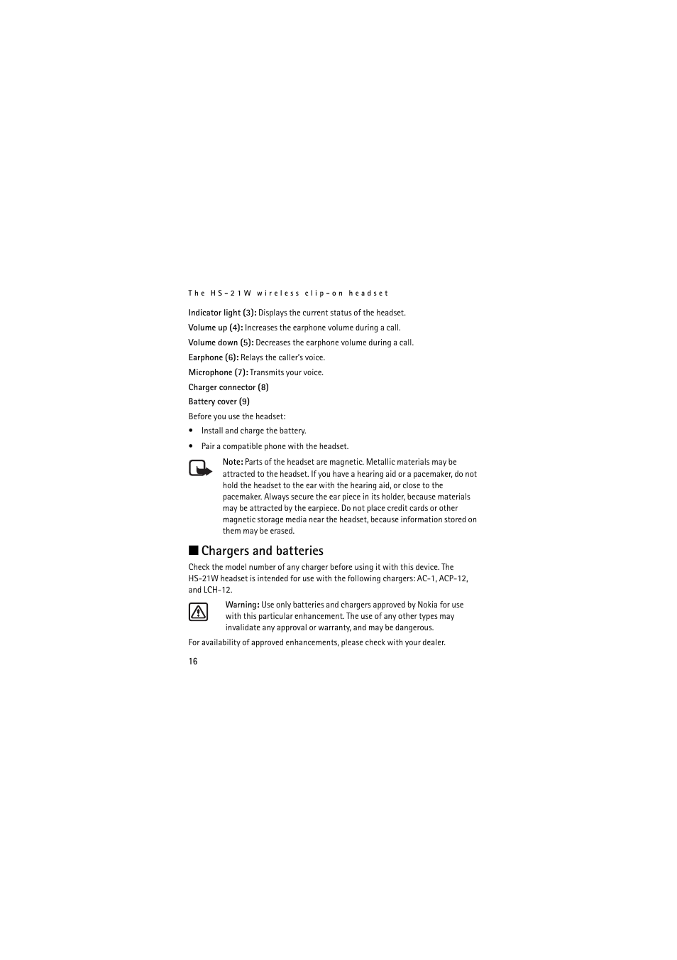 Chargers and batteries | Nokia Wireless Clip-on Headset HS-21W User Manual | Page 16 / 124