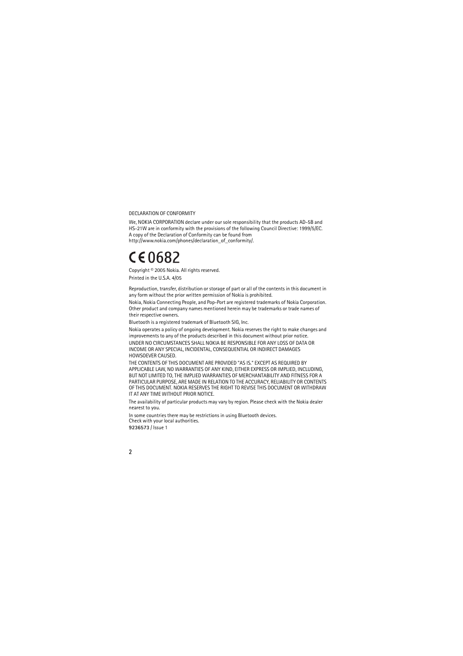 Nokia Wireless Clip-on Headset HS-21W User Manual | Page 2 / 124