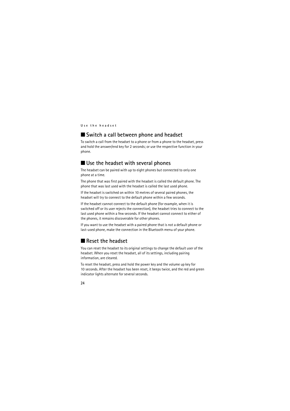 Switch a call between phone and headset, Use the headset with several phones, Reset the headset | Nokia Wireless Clip-on Headset HS-21W User Manual | Page 24 / 124