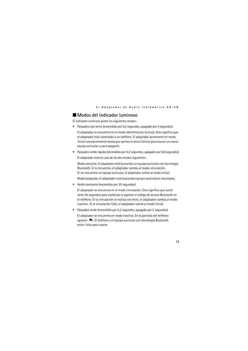 Modos del indicador luminoso | Nokia Wireless Clip-on Headset HS-21W User Manual | Page 41 / 124