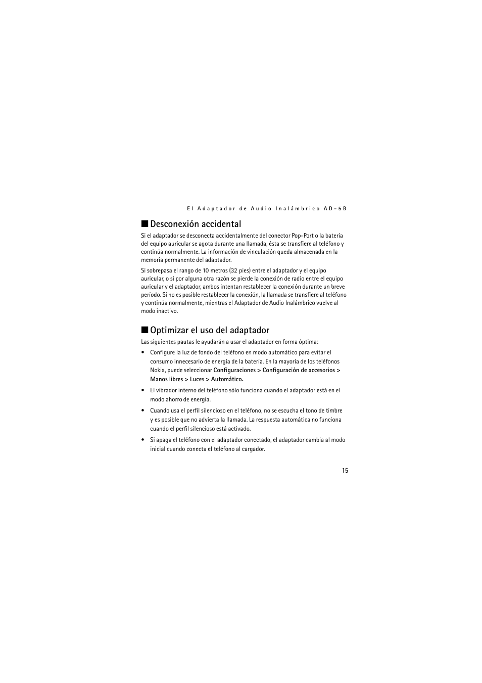 Desconexión accidental, Optimizar el uso del adaptador | Nokia Wireless Clip-on Headset HS-21W User Manual | Page 43 / 124
