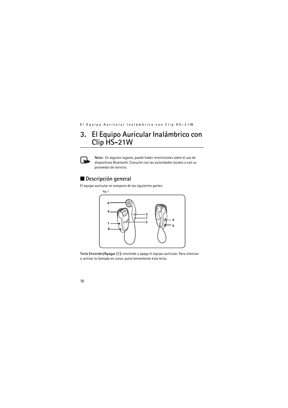 El equipo auricular inalámbrico con clip hs-21w, Descripción general | Nokia Wireless Clip-on Headset HS-21W User Manual | Page 44 / 124
