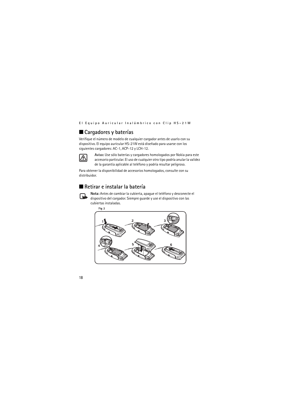 Cargadores y baterías, Retirar e instalar la batería | Nokia Wireless Clip-on Headset HS-21W User Manual | Page 46 / 124