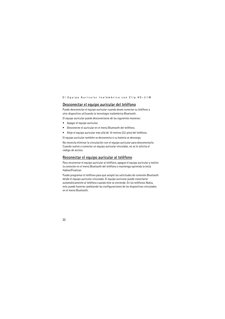 Desconectar el equipo auricular del teléfono, Reconectar el equipo auricular al teléfono | Nokia Wireless Clip-on Headset HS-21W User Manual | Page 50 / 124