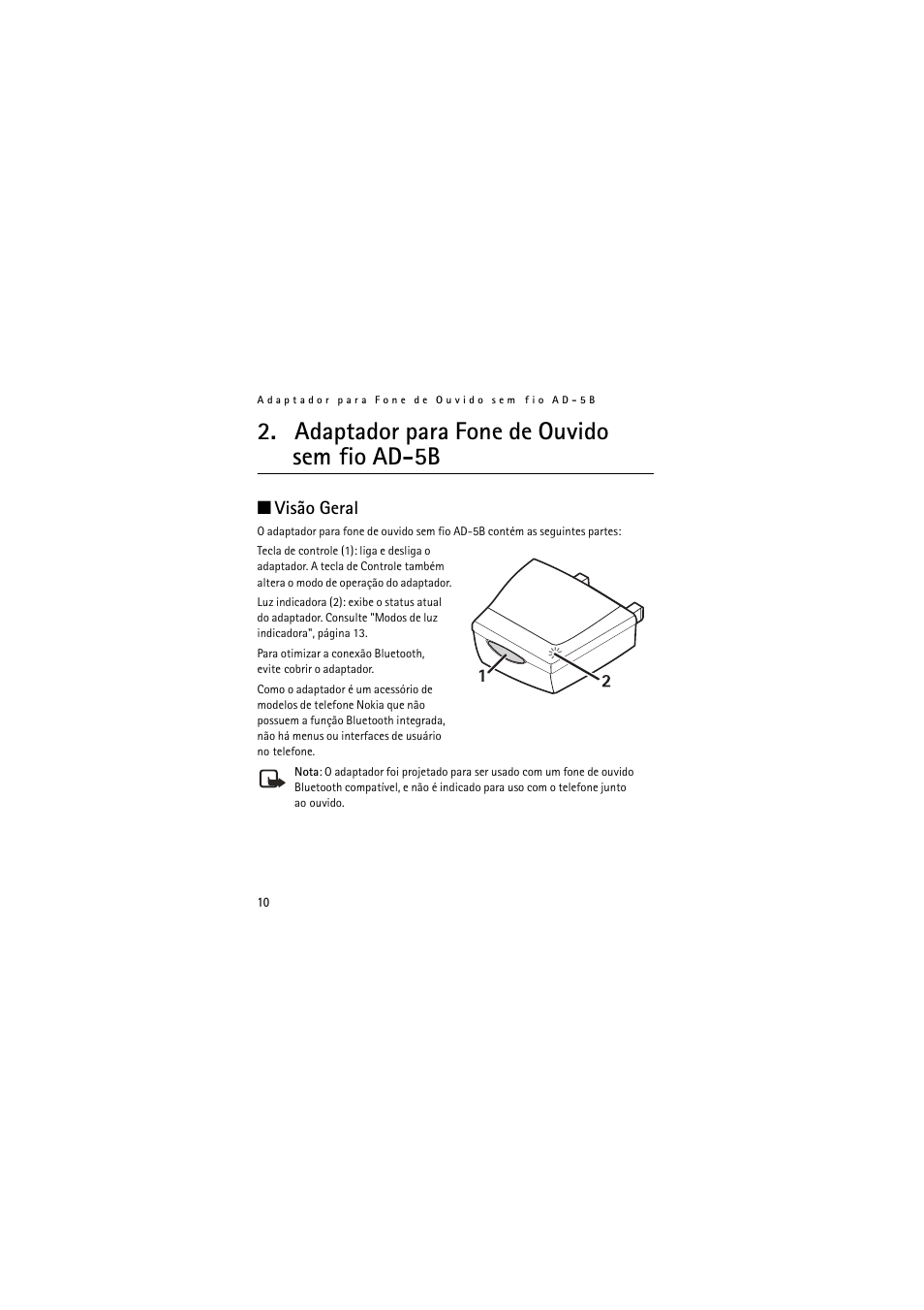 Adaptador para fone de ouvido semfio ad-5b, Adaptador para fone de ouvido sem fio ad-5b, Visão geral | Nokia Wireless Clip-on Headset HS-21W User Manual | Page 70 / 124