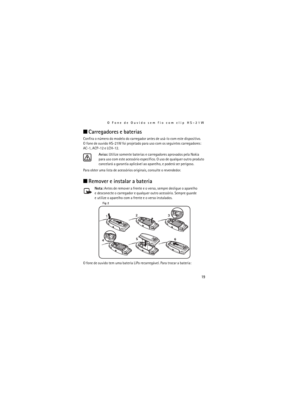 Carregadores e baterias, Remover e instalar a bateria | Nokia Wireless Clip-on Headset HS-21W User Manual | Page 79 / 124