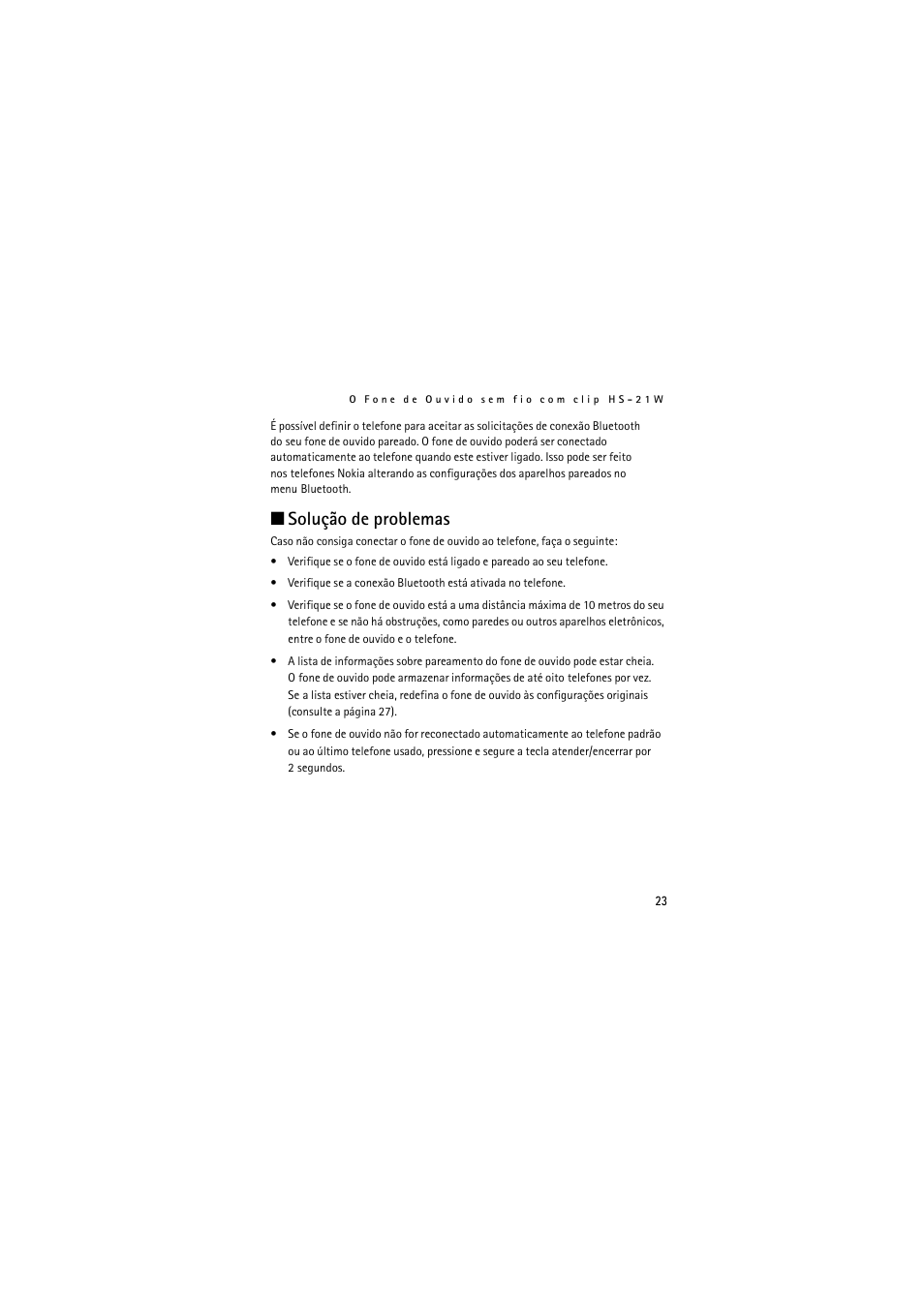 Solução de problemas | Nokia Wireless Clip-on Headset HS-21W User Manual | Page 83 / 124