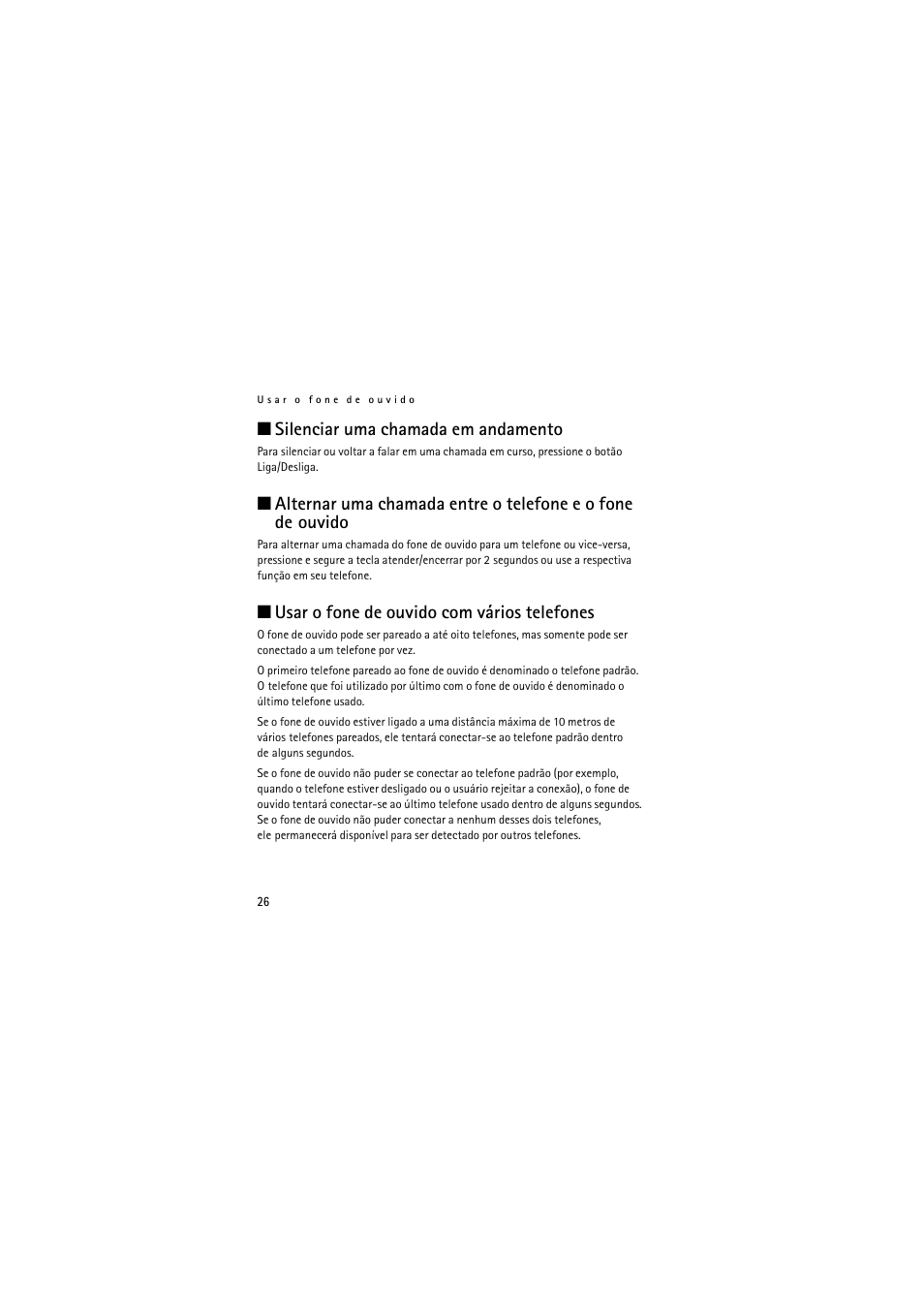 Usar, Silenciar uma chamada em andamento, Usar o fone de ouvido com vários telefones | Nokia Wireless Clip-on Headset HS-21W User Manual | Page 86 / 124